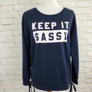 Fifth Sun Keep It Sassy Top L Large Blue White Spell Out Graphic Lace Up Sides